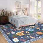 Floral 5x7 Area Rug Machine Washable Soft Print Boho Carpet Non Slip Doormat Low Pile Flower Area Rugs for Living Room Bedroom Nursery Kitchen Dining Room Indoor-Blue/Grey