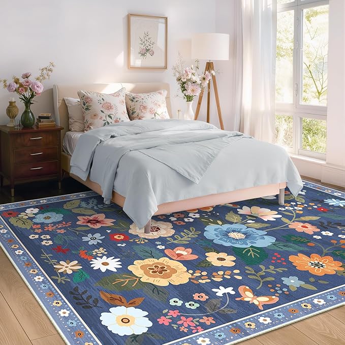 Floral 6x9 Area Rug Machine Washable Soft Print Boho Carpet Non Slip Doormat Low Pile Flower Area Rugs for Living Room Bedroom Nursery Kitchen Dining Room Indoor-Blue/Grey