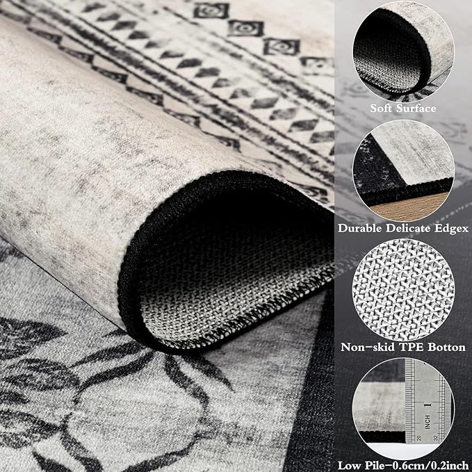 DweIke Washable Area Rugs for Living Room, 4x6 Soft Bedroom Rugs, Geometric Print Non-Slip Modern Rug, Stain Resistant Throw Carpets for Office Nursery Dining Room Home Dorm Decor, Black and White