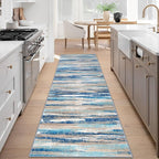 Modern Abstract Runner Rug 3x8, Blue Washable Kitchen Runner Non-Slip Soft Hallway Rug Runner Thin Print Faux Wool Carpet for Entryway Bedroom Laundry Room Indoor Home Office Decor