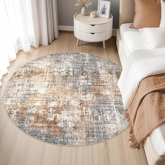 4ft Round Area Rug Living Room Rugs - 4x4 Washable Large Soft Indoor Neutral Modern Abstract Low Pile Rug Carpet for Bedroom Dining Room Farmhouse Home Office - Grey Brown