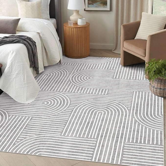6x9 Area Rug - Large Abstract Washable Non-Slip Grey Living Room Rug Rainbow Low-Pile Floor Carpet Soft Modern Accent Rugs for Bedroom Dining Room Office Classroom Nursery