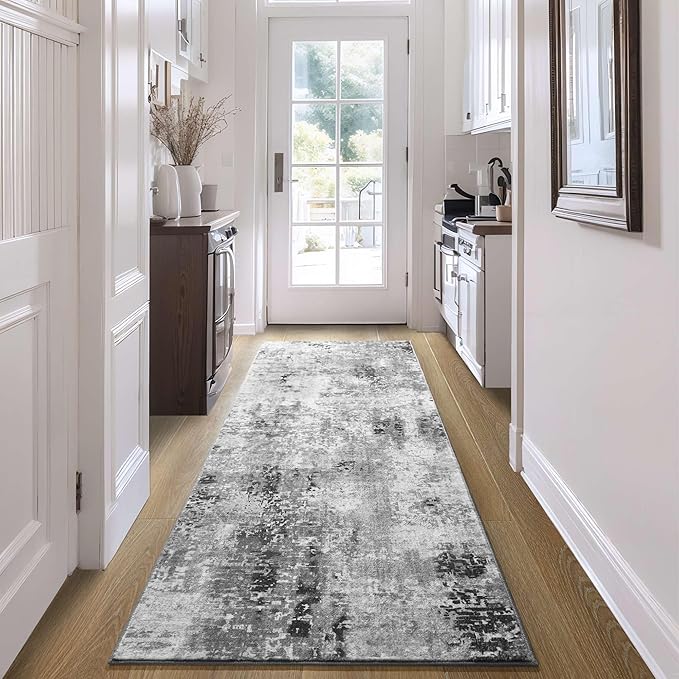 Ompaa Non Slip, Washable, Soft Abstract Long Carpet Runner Rug with Rubber Backing for Hallways, Kitchen, Bedroom, Bathroom, Entryway, Grey, 2x6 ft