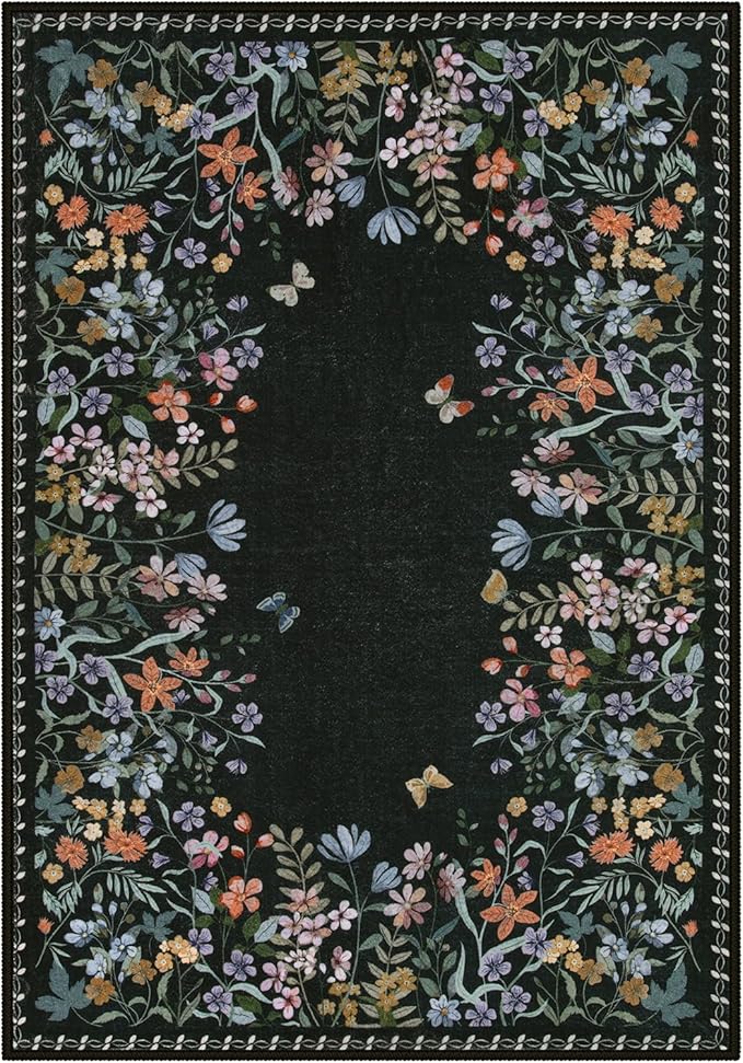Wonnitar Washable 5x7 Rug, Black Botanical Area Rugs for Living Room, Non-Slip Soft Rug for Bedroom, Vintage Low Pile Dining Room Floral Rug Carpet for Bedside Mud Room (Black,5'x7')