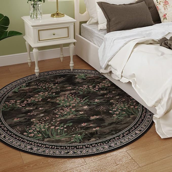 Rugcomf Circle Rug Impressionist-Style Vintage Round Rug 4ft Non Slip Low Pile Small Circular Rug for Bedroom Bathroom Entryway Kids Room Office College Dorm, Black