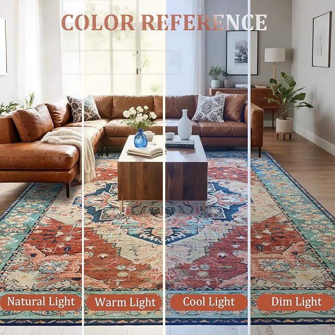 Area Rugs 6x9, Low Pile Washable Rugs, Soft Vintage Distressed Rugs for Living Room Bedroom, Office, Dining Room, Water Repellent & Non Shedding, Terracotta
