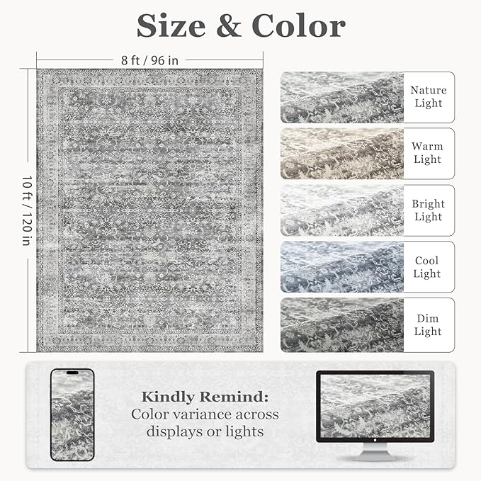 Vintage Grey 8x10 Area Rugs for Living Room, Retro Gray Neutral Rug for Bedroom Dining Room, Low Pile Thin Washable Non Slip Room Rug for Home Office Family Room