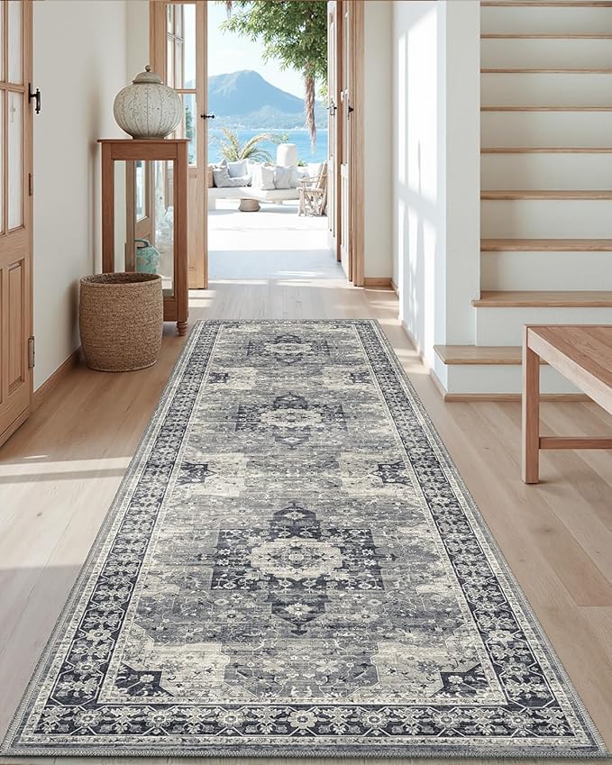 DEXI Hallway Runner Rug 3x8, Distressed Non Slip Runners Carpet, Boho Vintage Soft Thin Indoor Rug, Stain Resistant Washable Entry Mat for Entryway Kitchen Laundry Room Living Room, Blue Grey