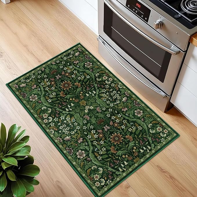 Floral 2x3 Entryway Rug,Washable Front Door Mat Indoor Non Slip Low Pile Small Carpet, Soft Green Boho Botanical Throw Rug for Bathroom Bedroom Kitchen Laundry Indoor Entrance