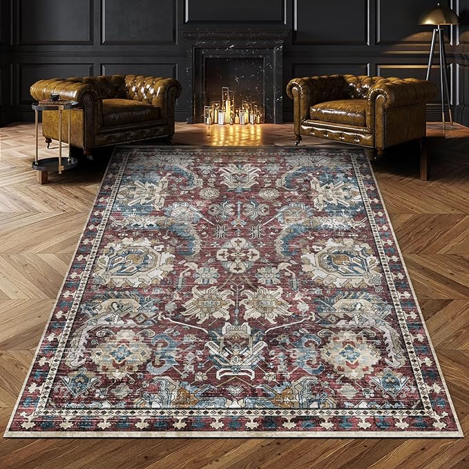 RUGSURE Washable Area Rugs - Perfect for Living Room, Bedroom, Kids Room, Nursery - Stain & Water Resistant Non-Slip, Pet & Child Friendly, Vintage Tribal Area Rugs (Rust and Blue, 6' x 9')