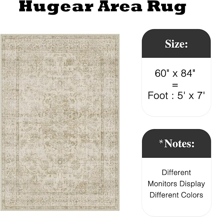 HUGEAR Retro Beige Area Rug 5x7 Machine Washable Living Room Rugs Distressed Vintage Floral Low Pile Carpet Bedroom Office Dining Room Laundry Room Non Slip Soft Lightweight