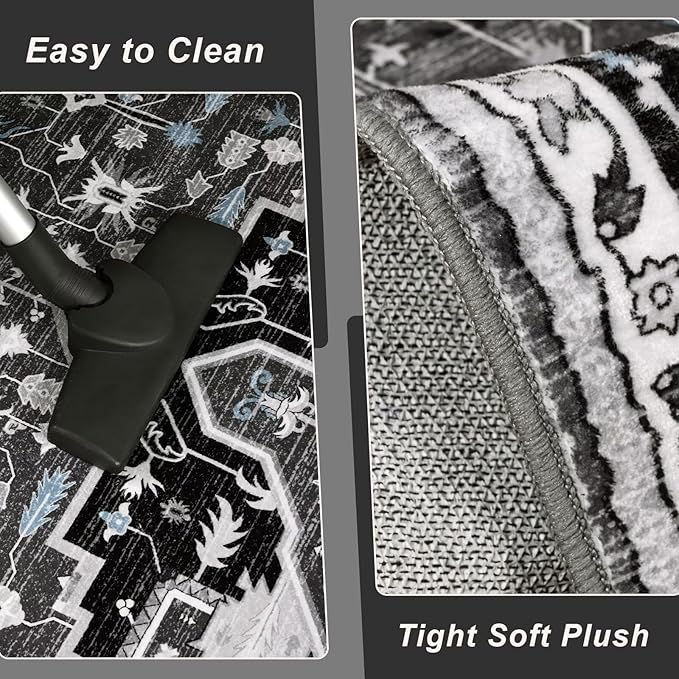 6x9 Black Grey Area Rug for Living Room, Machine Washable Rugs with Non-Slip Backing for Bedroom, Vintage Medallion Carpet Dining Room Office Kids Room Decor