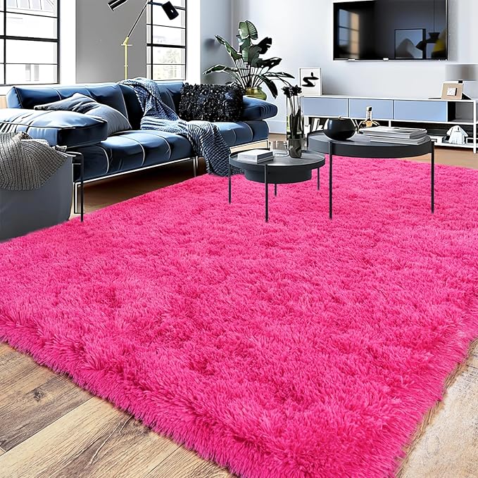 Shaggy Area Rugs, Hot Pink Fuzzy Rugs for Kids Bedroom, Soft Play Nursery Area Rug for Girls, Shag Area Rugs Non Slip, Fluffy Rug Carpet 8x10Ft