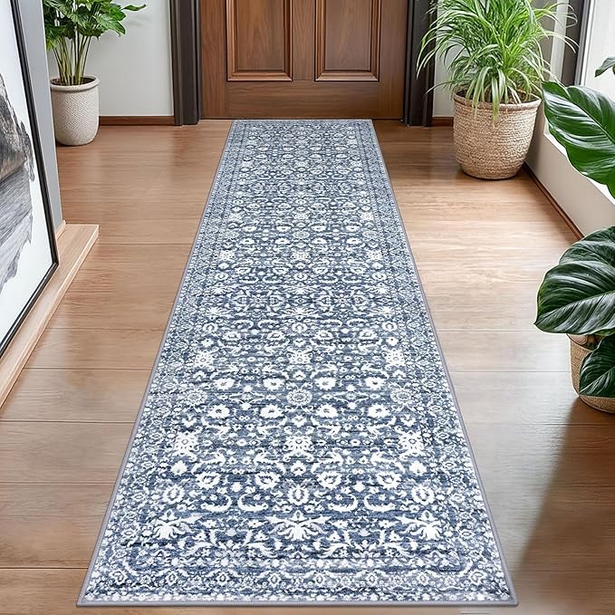 Hallway Runner Rug, Light Blue White Washable Runner Rug 2x8 Vintage Floral Kitchen Rug Runner Non Slip Thin Printed Faux Wool Super Soft Carpet for Entryway Bedroom Laundry Room Indoor