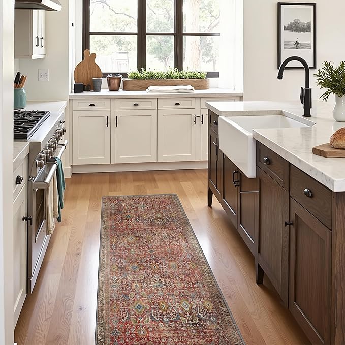 2x5 Runner Rug Machine Washable Boho Runners for Hallway,Ultra-Thin Low Pile Rug,Lightweight Indoor Carpet,Non Slip Floral Runners for Enrtyway, Corridor, Home Office, Kitchen,Burgundy Red