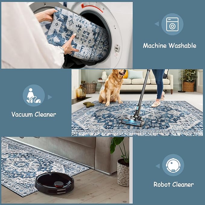 Moynesa Ultra-Thin Washable Vintage Area Rug - 4x6 Living Room Rug for Bedroom Office, Low Pile Non Slip Oriental Laundry Bathroom Mat Indoor Floor Carpet for Entrance Kitchen Mudroom