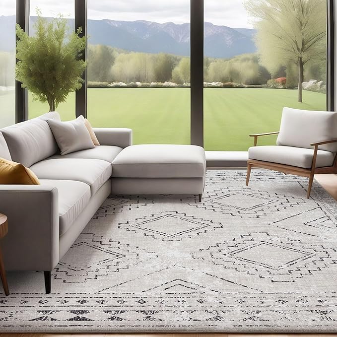 ILANGO Area Rugs 5x7, Moroccan Grey Rugs for Living Room Machine Washable Area Rugs Dedroom with Rubber Backing Non Slip Carpet for Farmhouse Dining Room, Ultra-Thin, Foldable, Easy Clean