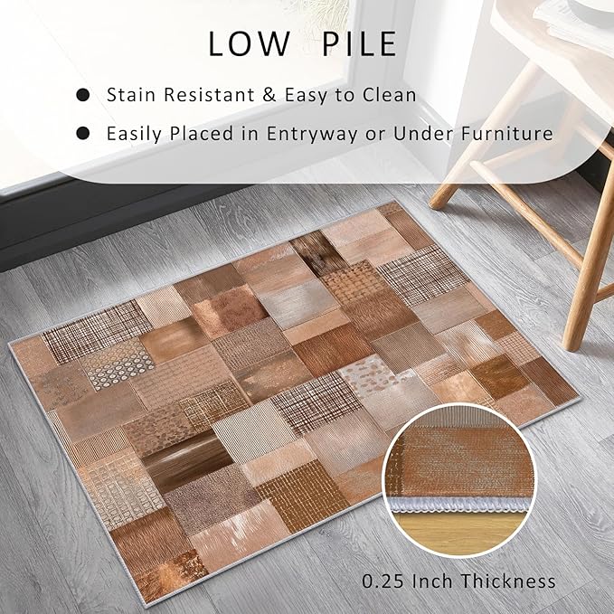 Patchwork Rug, Washable 3x4 Rug for Living Room, Geometric Brown Patterned Indoor Carpet, Patchwork Decor for Home, Bedroom, Soft Non Slip Thin Design FER3