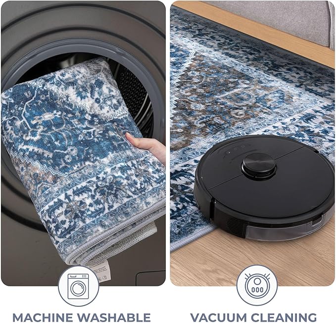 KOZYFLY Runners for Hallways 2x8 Ft Washable Kitchen Runner Rug Boho Runner Rug for Entryway Indoor Blue Printed Oriental Faux Wool Floor Carpet Runner for Bedroom Kitchen Hall