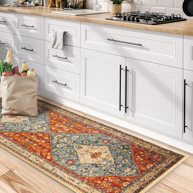 COMSLE Boho Runner Rug, 2' x 6' Washable Rugs for Hallway Faux Wool Small Kitchen Area Rug Distressed Throw Rug Non-Slip Laundry Room Rug Carpet Runner for Entryway Indoor Bedroom
