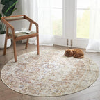 jinchan Kelda Round Rug 5ft Washable Area Rug Indoor Vintage Floor Cover Distressed Circle Mat 5' Round Lightweight Non Slip Low Pile Thin Carpet for Entryway Kitchen Living Room Bedroom Brick Red
