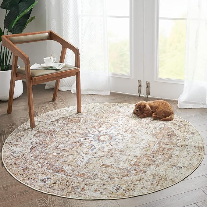 jinchan Kelda Round Rug 5ft Washable Area Rug Indoor Vintage Floor Cover Distressed Circle Mat 5' Round Lightweight Non Slip Low Pile Thin Carpet for Entryway Kitchen Living Room Bedroom Brick Red