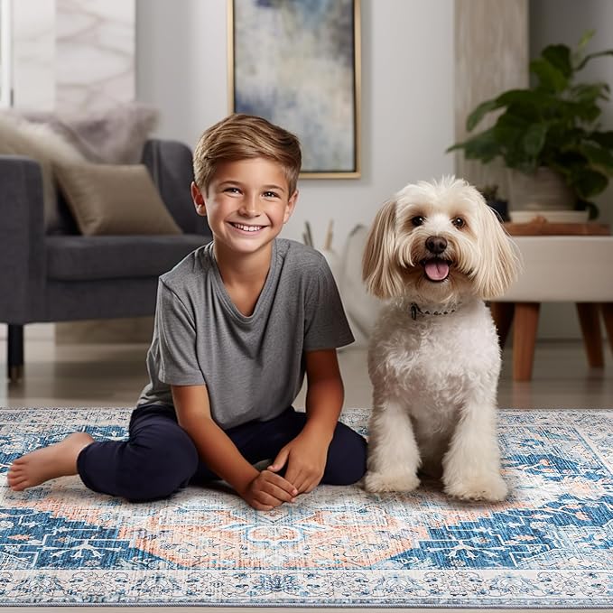 4x6 Washable Rug – Boho Non-Slip Indoor Area Rug for Living Room, Bedroom, Dining Room, Entryway –Navy and Orange Classic Medallion