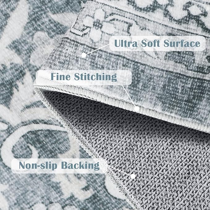 jinchan Hallway Runner Rug 3x8 - Machine Washable Grey Vintage Floral Distressed Design Soft Non-Slip Low-Pile Ultra-Thin Runner Rug for Kitchen Laundry Room Bedroom Farmhouse (3‘x8', Grey)