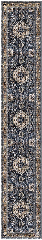 KOZYFLY Runners for Hallways 3x14 Ft Extra Long Washable Kitchen Thin Runner Rug Boho Runner Rug for Entryway Indoor Printed Faux Wool Stair Floor Carpet for Stair Kitchen Hall, Gold/Navy