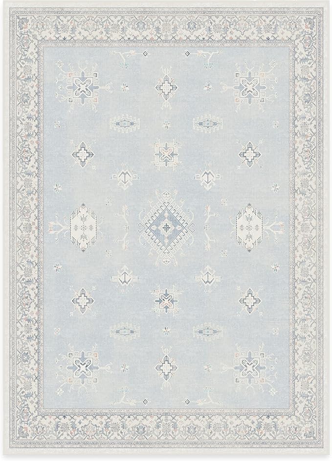 RUGGABLE Washable Vintage Area Rug – Verena Soft Blue 5x7, Stain-Resistant, Non-Slip – Medium Machine Washable Rugs for Living Room, Bedroom, Hallway, Entryway & Office–with Standard Pad