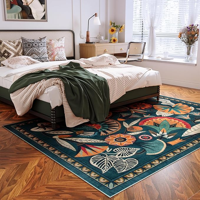 Boho Egypt Green Area Rugs for Living Room Bedroom, 5x7 Washable Large Dining Room Rug Non Slip, Floral Vintage Farmhouse Throw Carpet for Office Hardwood Floor Playroom (Dark Green,5 x 7)