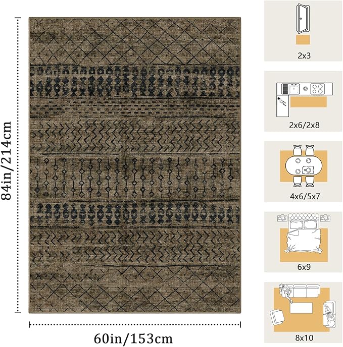 5x7 Machine Washable Area Rug for Living Room, Brown Black Vintage Moroccan Rug Large Non-Slip Low Pile Soft Faux Wool Carpet, Kids and Pets Friendly for Bedroom Dining Room Farmhouse Home Decor Rug