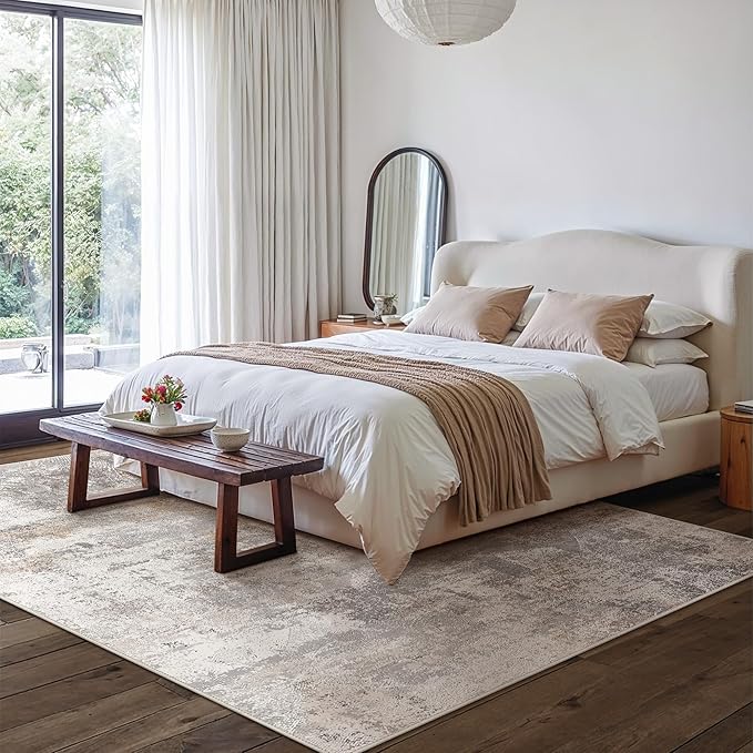 GENIMO Washable 6x9 Area Rugs for Living Room, Non Slip Modern Abstract Rug, Machine Washable Stain Resistant Low Pile Soft Carpet for Bedroom, Dining, Office, Light Grey Brown