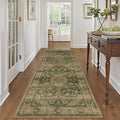 HUGEAR 3x8 Runner Rug Hallway Machine Washable Retro Green Vintage Floral Low Pile Carpet Distressed Long Throw Rug Bedroom Office Bathroom Kitchen Laundry Non Slip Soft Lightweight