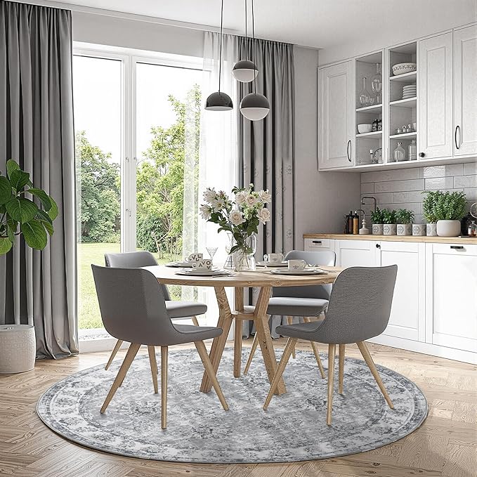 jinchan Fiora Round Rug 6ft Area Rug - Grey Vintage Floor Mat Indoor Ultra-Thin Soft Floral Print - Washable Circle 6' Retro Accent for Farmhouse Non Slip Dining Room Living Room Bedroom Office