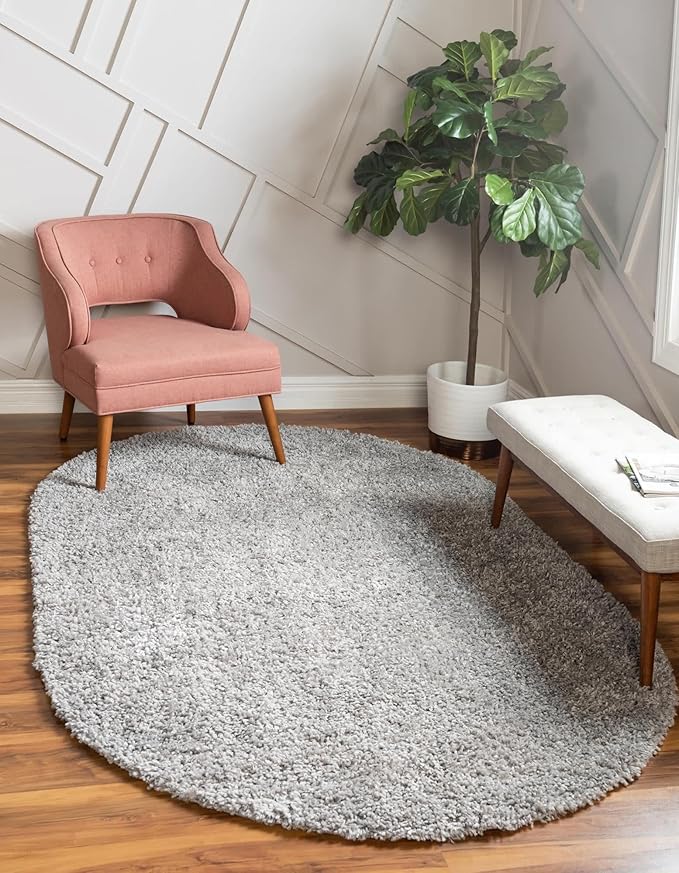 Unique Loom Davos Shag Collection Area Rug - Solid (5' 3" x 8' Oval, Sterling)
