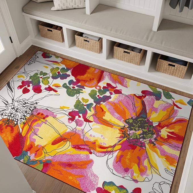 Rugshop Modern Bright Flowers Non-Slip (Non-Skid) Area Rug 5 X 7 (5' 3" X 7' 3") Multi