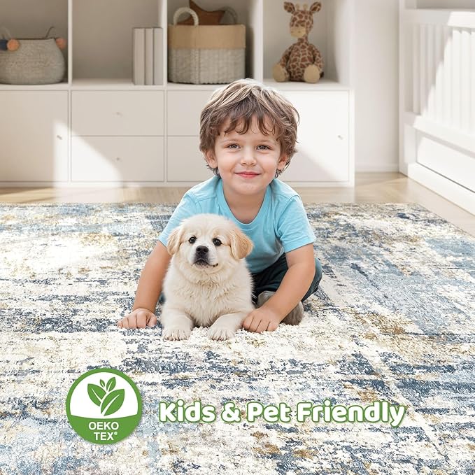 10x13 Area Rug Living Room: Washable Large Abstract Modern Soft Rugs Stain Resistant Indoor Floor Non Slip Accent Carpet for Bedroom Nursery Playroom Office Dining Room Dorm Home House- Light Blue