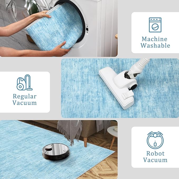 Area Rug 5x7 Machine Washable Area Rug for Living Room Non-Slip Stain Resistant Modern Abstract Bedroom Rug Contemporary Solid Throw Rug Foldable Accent Floor Carpet for Dining Room, Blue