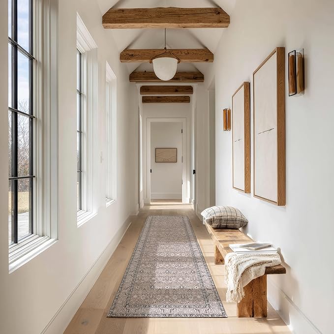 Kuden 2'6"x10 Runner Rug, Machine Washable Area Rug with Non-Slip Backing, Vintage Style, Soft, Easy Clean, Low Pile Rug for Hallway, Entryway, Kitchen, Bedroom
