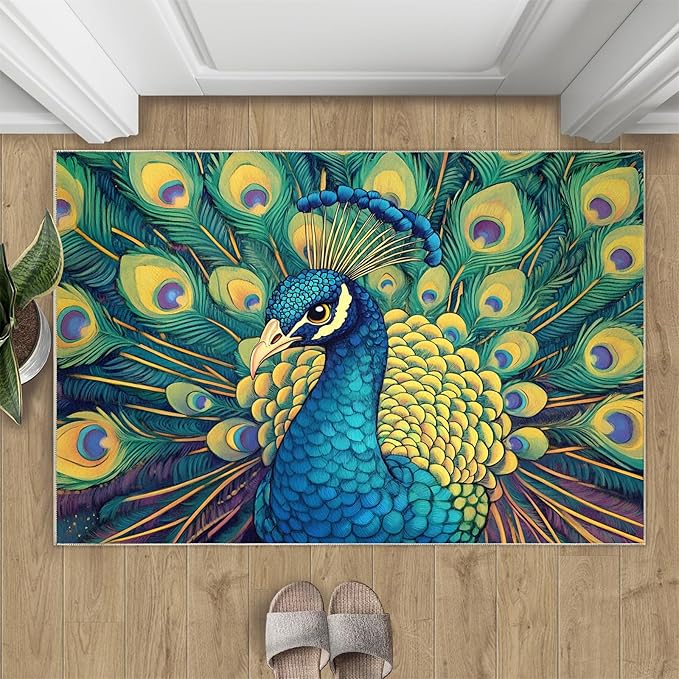 Peacock Rug 3x4-3x4 Rug, Wonderful Peacock Area Rugs for Bedroom, Teal Turquoise Rugs for Living Room, Modern Style Washable Mat, Malachite Green Feather Carpet - Peafowl Home Decor & Gifts