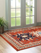 Unique Loom Taftan Collection Border Geometric Tribal Inspired Design Area Rug (8' 0 x 10' 0 Rectangular, Terracotta/ Ivory)