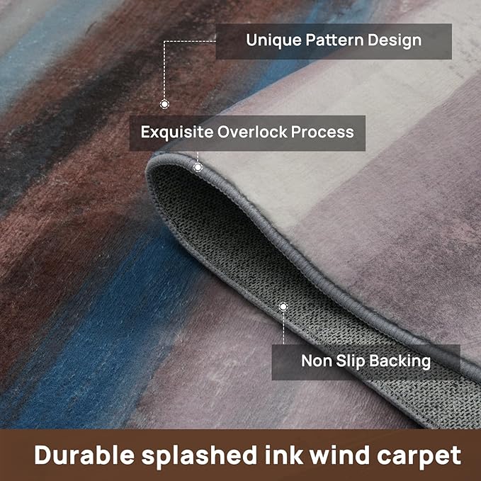 Abstract 5x7 Area Rug, Modern Stripe Pattern Teal Rugs for Living Room, Washable Soft Large Non-Slip Floor Carpet for Dining Room Office Bedroom - Blue/Brown/Multi