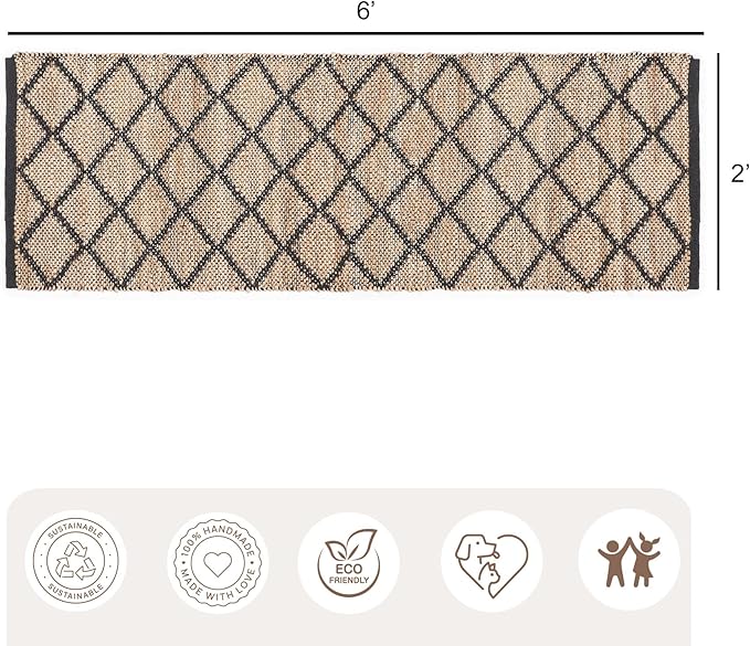 REDEARTH · Jute Cotton Area Rug, Sustainable Handwoven, Non-Shedding, Soft & Durable – Reversible, Neutral Tones for Home Décor in Living Room, Dining, Bedroom (Sierra Loom Black, 2'x6'), Set of 2