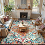 Lahome Boho Rugs for Living Room 8x10,Washable Orange Bedroom Area Rug Soft Low Pile Dining Room Rugs for Under Table,Vintage Thin Non Slip Printed Nursery Area Rug for Playroom Office(8x10ft Orange)