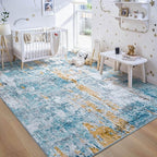 Ompaa Living Room Rug 6x9 Blue Area Rug Machine Washable Boho Rug Non Slip Abstract Vintage Indoor Large Rugs for Bedroom, Classroom, College Dorm, Farmhouse, Dining Room, Kids Playroom