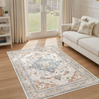 4x6 Area Rugs Washable Rug: Boho Large Neutral Vintage Soft Rug Stain Resistant Distressed Farmhouse Non-Slip Indoor Floor Carpet for Bedroom Entryway Nursery Kids Office Dining Room- Beige Blue