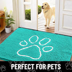 Smiry Dog Door Mat for Muddy Paws, Absorbent Dirt Trapper Non Slip Quick Dry Washable Chenille Mat for Mud Dogs, Entry Rug for Indoor and Outdoor (36x24 Inches, Turquoise and White)