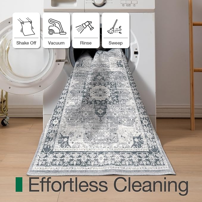 LUMI Indoor Thin Door Mat, 32x47 Washable Small Inside Doormat, Non Slip Low Pile Oriental Floor Carpet, Vintage Distressed Area Rug for Front Door,Entrance,Bedroom, Blue