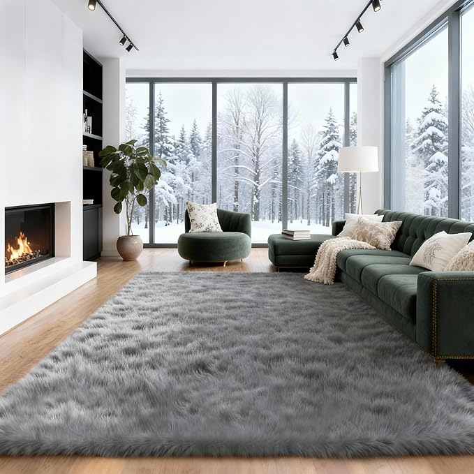 6x9 Solid Fluffy Grey Area Rug – Washable, Durable, Large Living Room Rug, Non-Slip High Pile Shag Rugs for Bedroom, Bedside, Dorms, Nursery Rooms, Kids Room, Soft Indoor Floor Carpet Decor